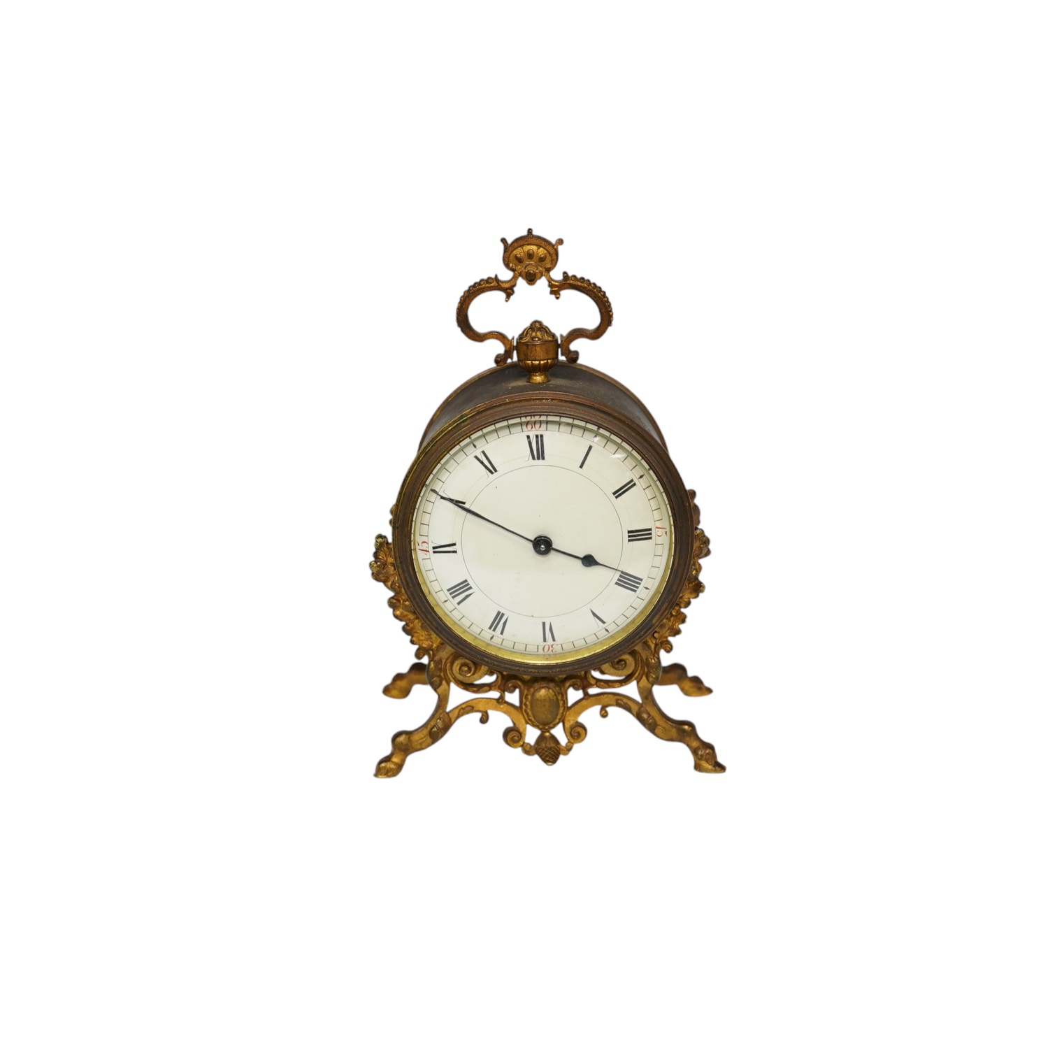 A French gilt metal mantel clock with enamelled Roman numeral dial and drum movement, 18.5cm high. Condition - fair, untested